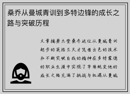 桑乔从曼城青训到多特边锋的成长之路与突破历程